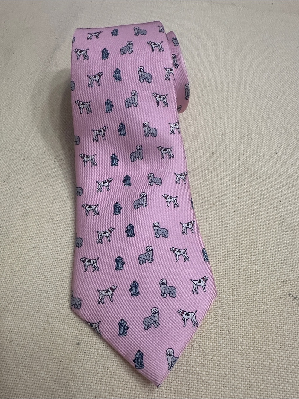 J. McLaughlin Pink Silk Tie with Navy Dog & Hydrant Motif
